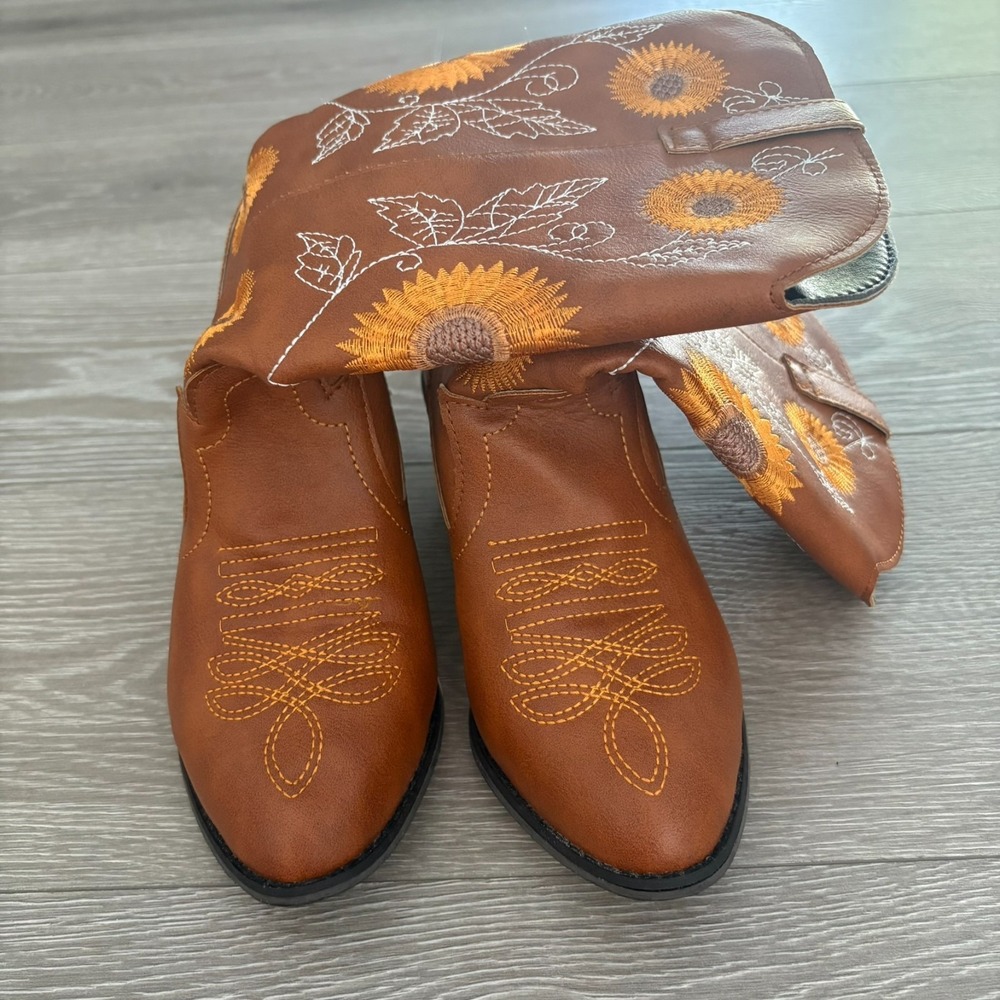 NEW Womens Brown Sunflower Embroidery Faux Leather Cowgirl Western Boots Size 37 - Picture 7 of 16